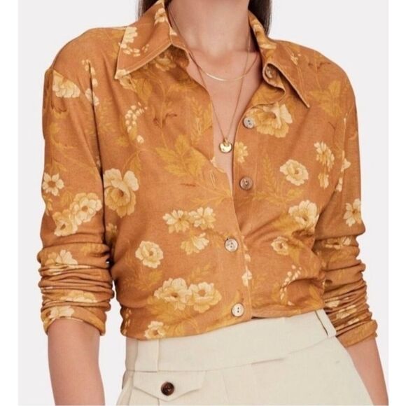 Nanushka Tops - Nanushka Floral Button-Up Blouse in Mustard and Cream